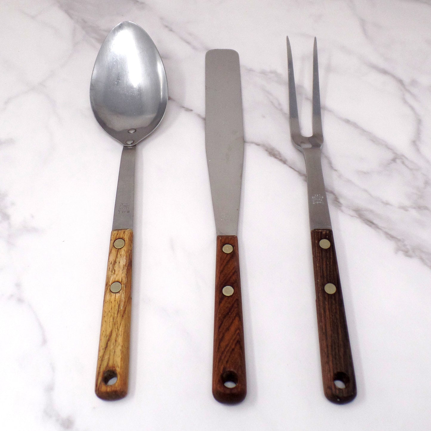 Vintage Maid of Honor Wooden Handle Stainless Steel Utensil Set of 3 - Spoon, Icing Spatula, Fork (1950-60s)