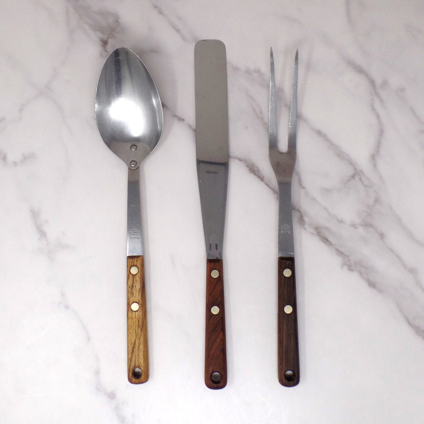 Vintage Maid of Honor Wooden Handle Stainless Steel Utensil Set of 3 - Spoon, Icing Spatula, Fork (1950-60s)