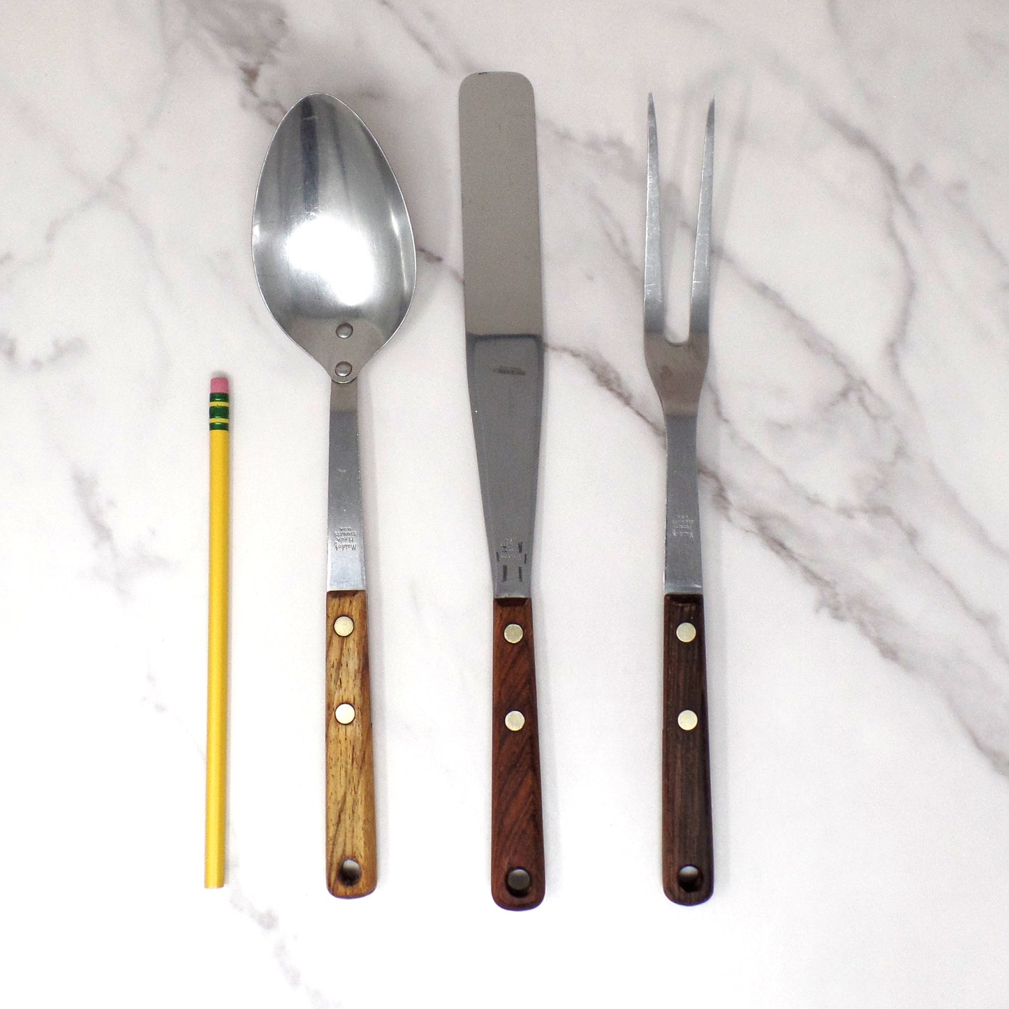 Vintage Maid of Honor Wooden Handle Stainless Steel Utensil Set of 3 - Spoon, Icing Spatula, Fork (1950-60s)