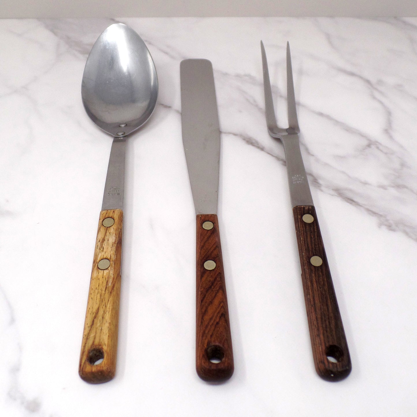 Vintage Maid of Honor Wooden Handle Stainless Steel Utensil Set of 3 - Spoon, Icing Spatula, Fork (1950-60s)
