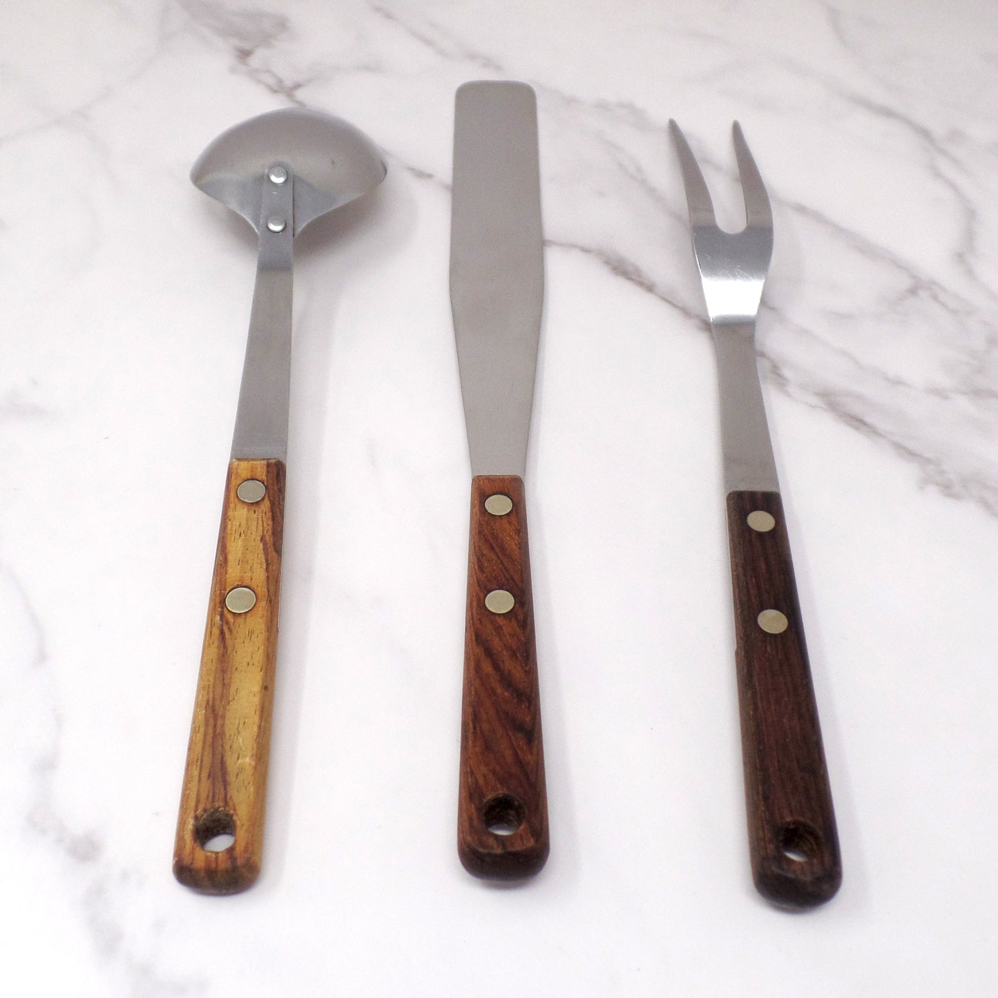 Vintage Maid of Honor Wooden Handle Stainless Steel Utensil Set of 3 - Spoon, Icing Spatula, Fork (1950-60s)
