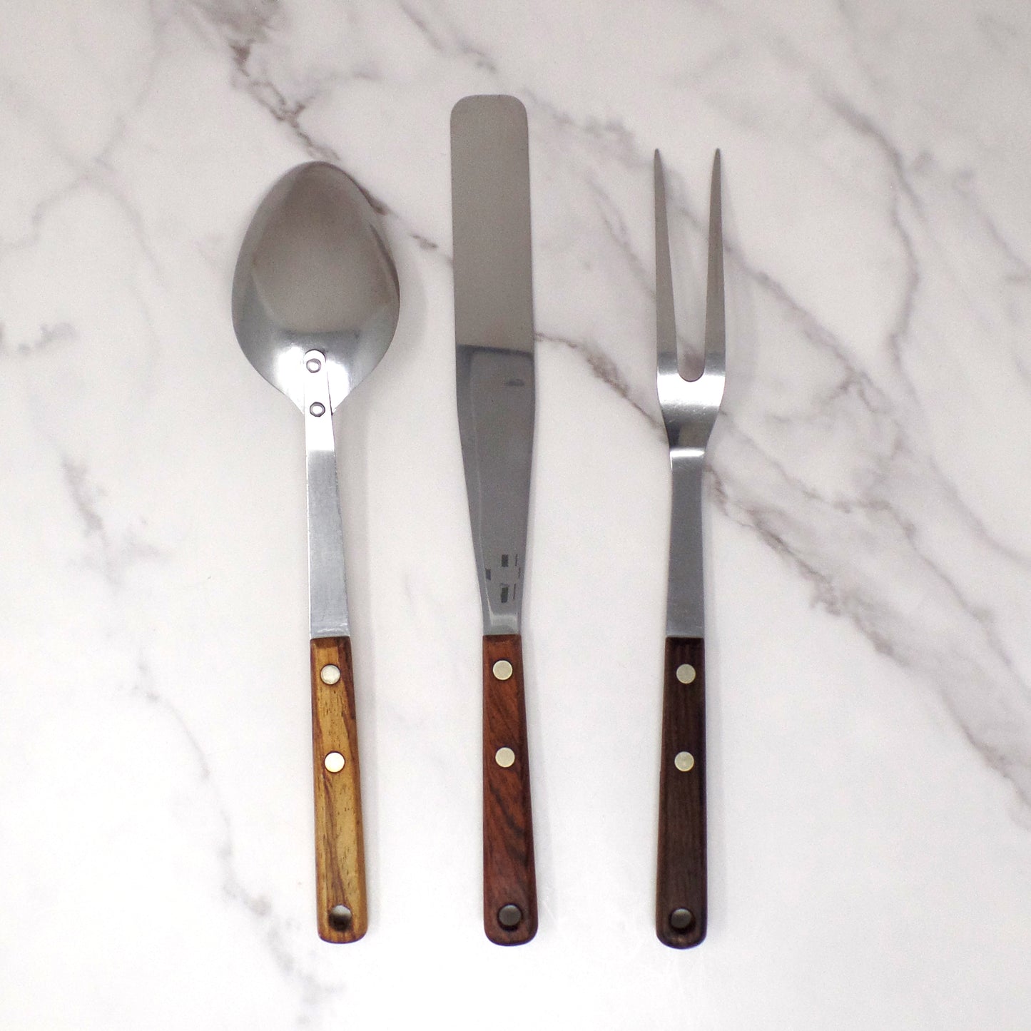 Vintage Maid of Honor Wooden Handle Stainless Steel Utensil Set of 3 - Spoon, Icing Spatula, Fork (1950-60s)