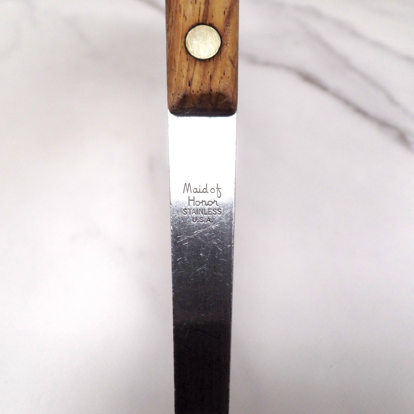 Vintage Maid of Honor Wooden Handle Stainless Steel Utensil Set of 3 - Spoon, Icing Spatula, Fork (1950-60s)