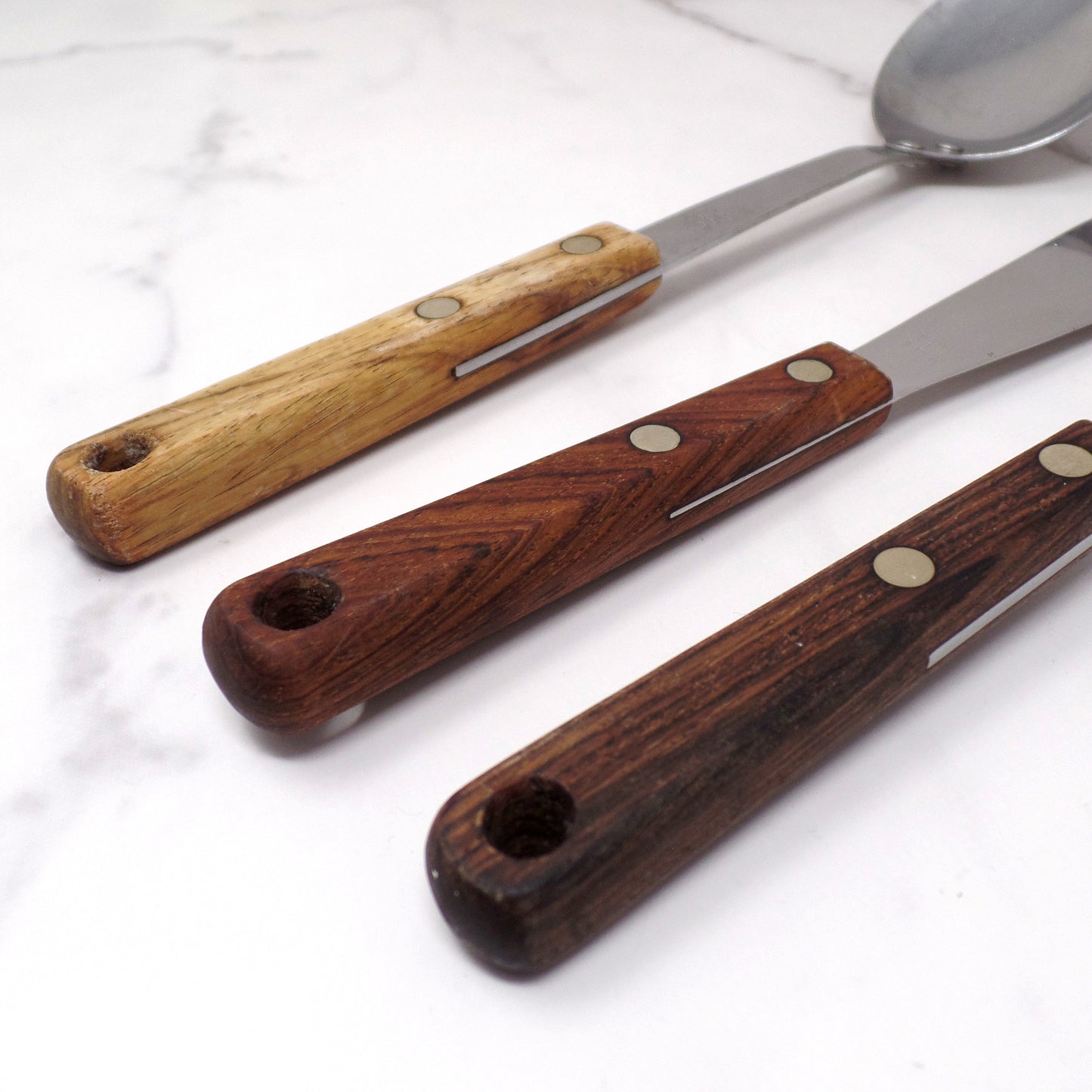 Vintage Maid of Honor Wooden Handle Stainless Steel Utensil Set of 3 - Spoon, Icing Spatula, Fork (1950-60s)