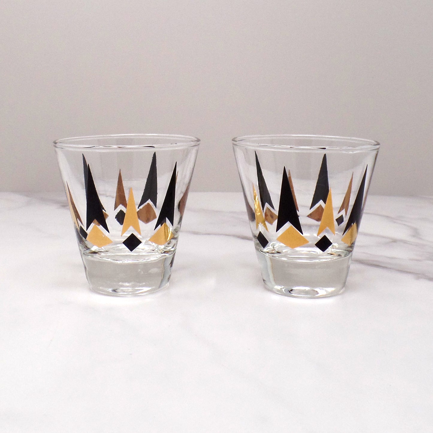 Vintage Anchor Hocking Golden Peaks 3 oz Shot Glasses, set of 2 (1964)