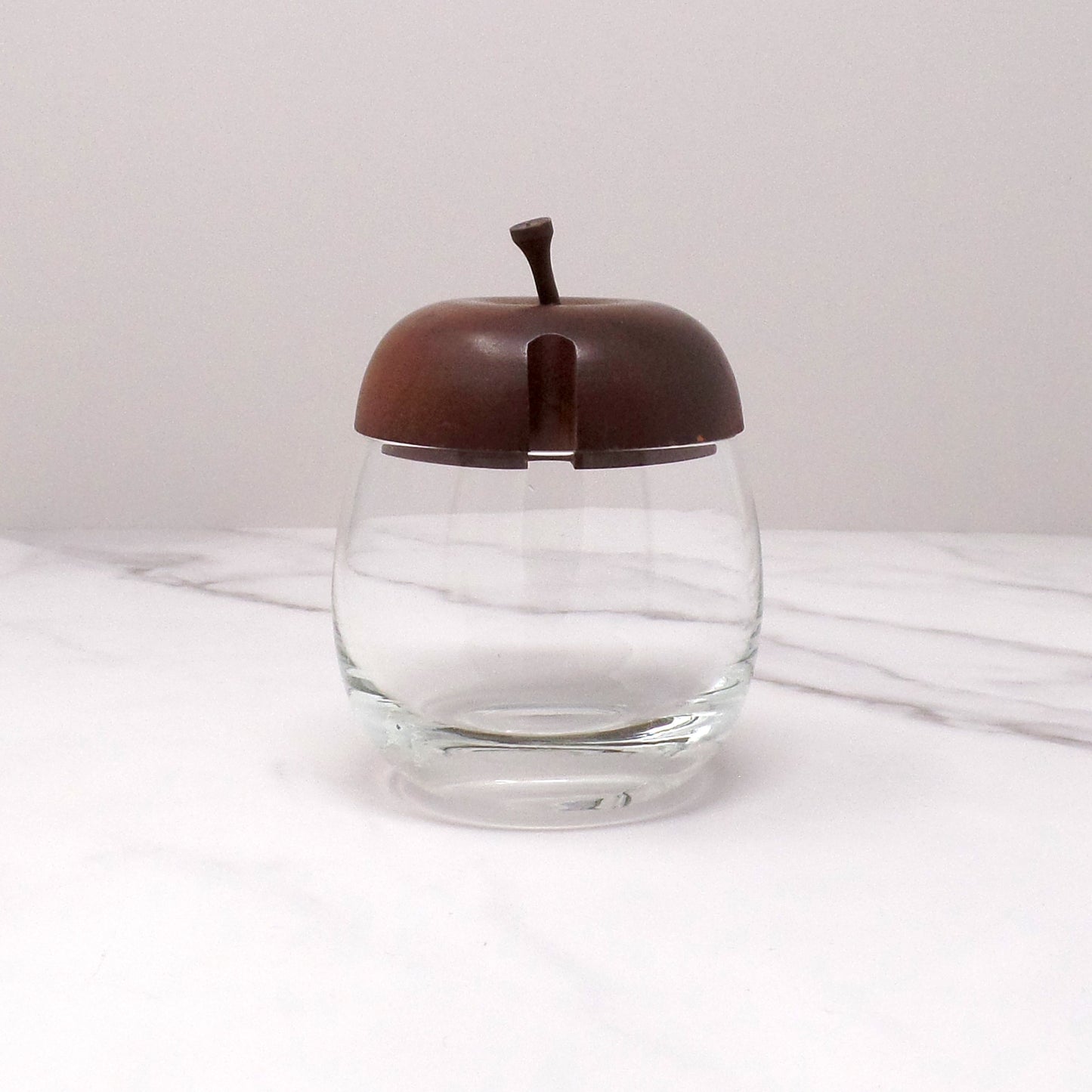Vintage Apple-shaped Glass Jelly or Jam Jar with Wooden Top (1970s)