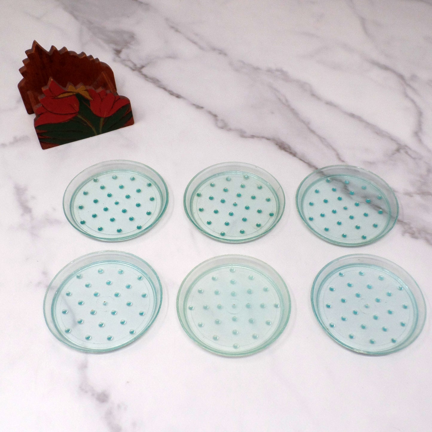 Vintage Plastic Coasters (6) in Wood Tulip Holder (1950s)