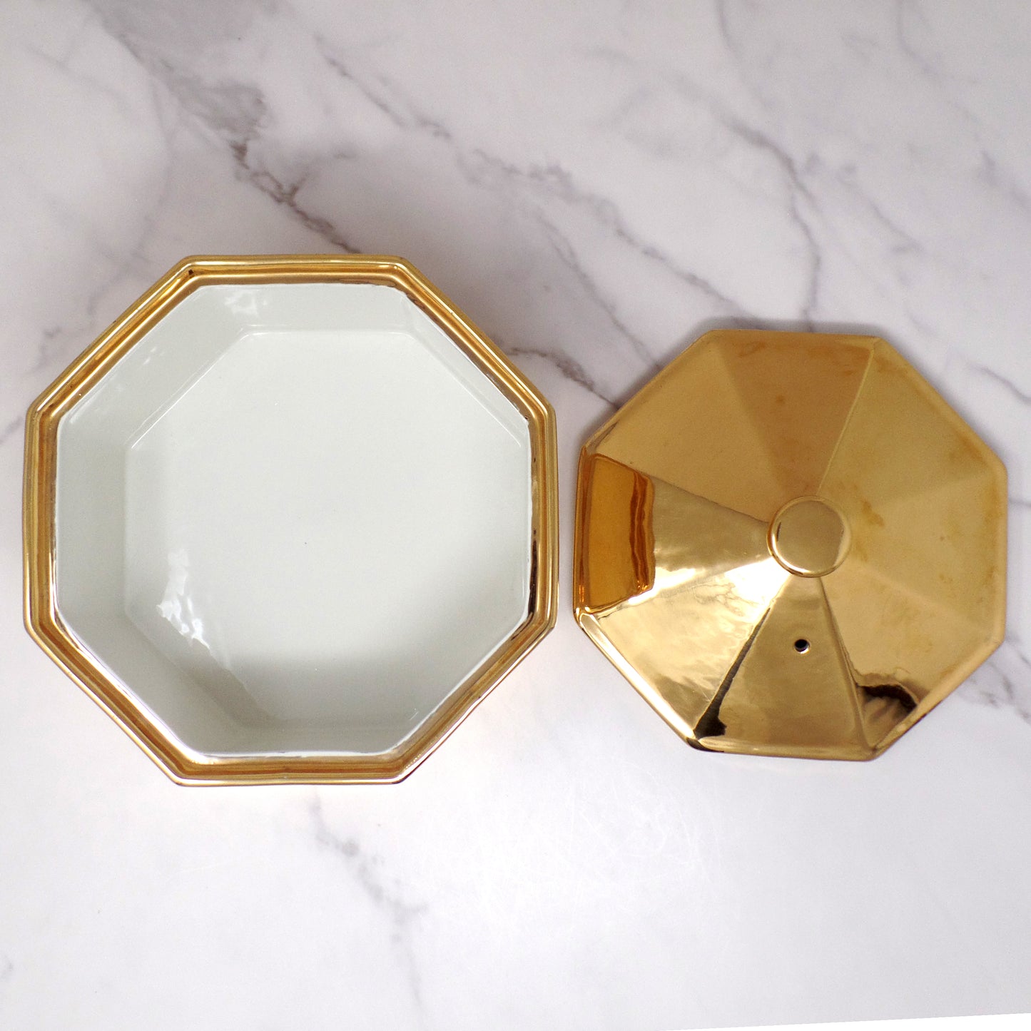 Vintage Hall Golden Glo Octagonal Lidded Casserole Dish, 22 Carat Gold Finish (1960s)