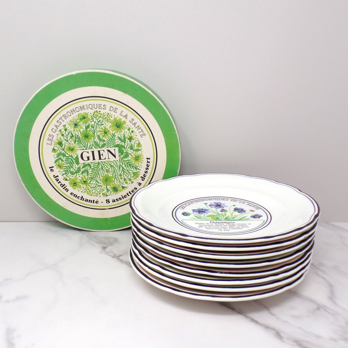 Vintage Gien Les Gastronomiques De La Sante, Le Jardin Enchante Dessert Plates - set of 8 in Original Box (1980s-1990s)