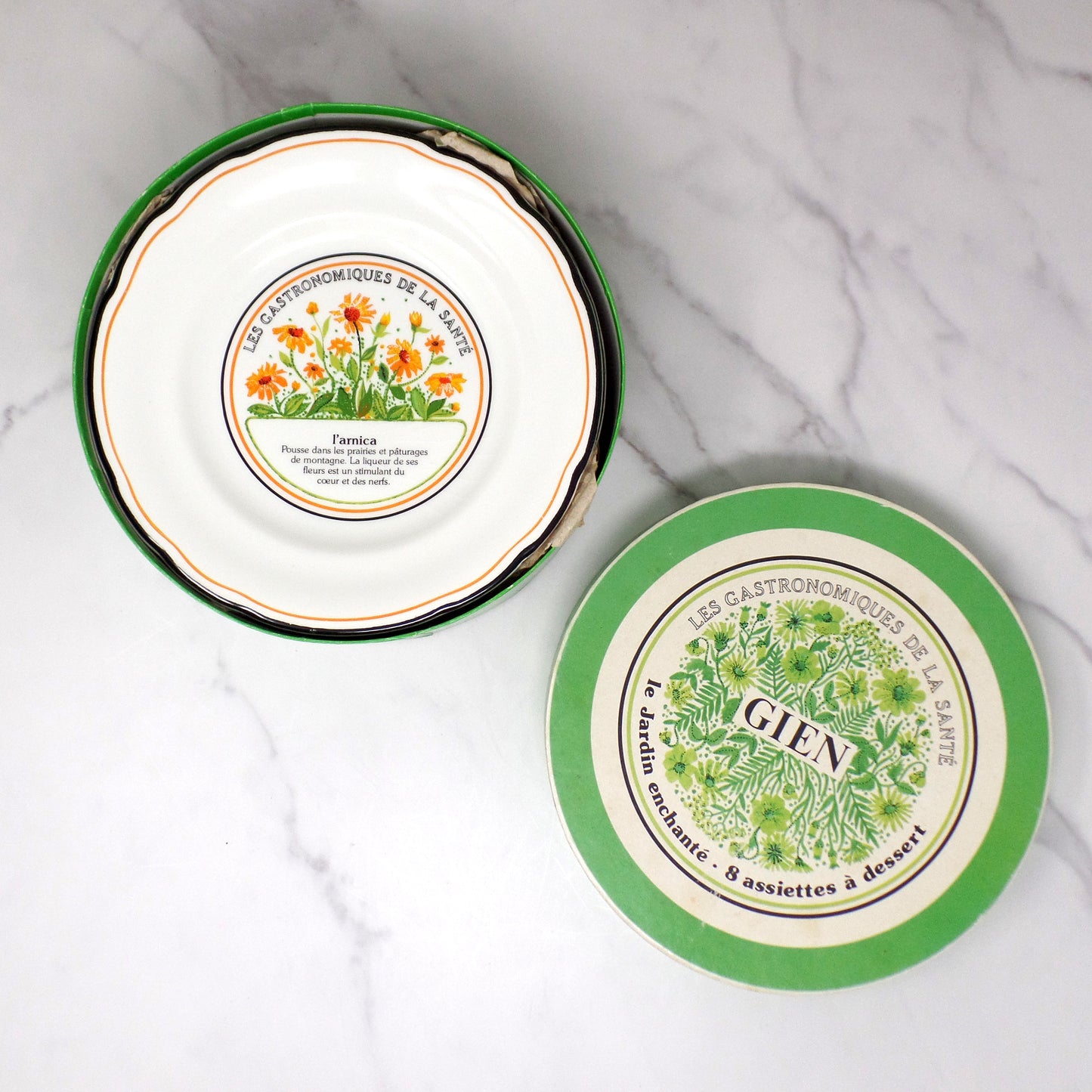 Vintage Gien Les Gastronomiques De La Sante, Le Jardin Enchante Dessert Plates - set of 8 in Original Box (1980s-1990s)