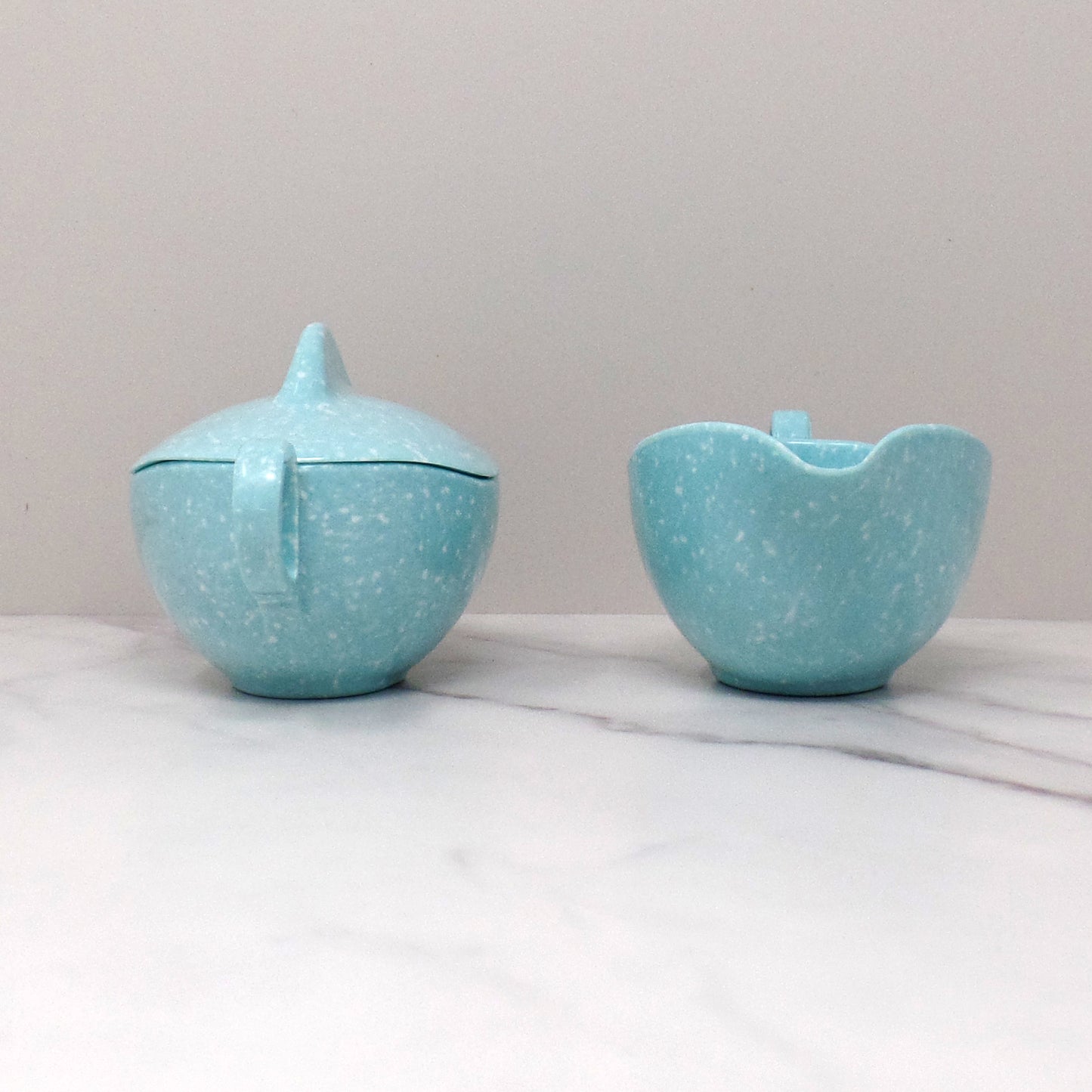 Vintage Joan Luntz Gaiety Melmac / Melamine Cream and Sugar Set, Speckled Turquoise (1950s)