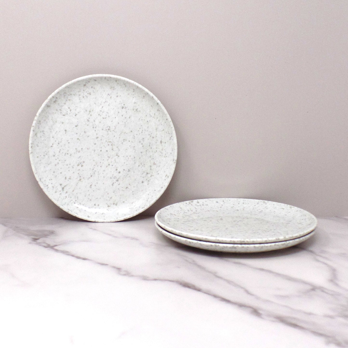 Vintage Joan Luntz Gaiety Melmac 6” Plates, Speckled White & Gray - set of 3 (1950s)