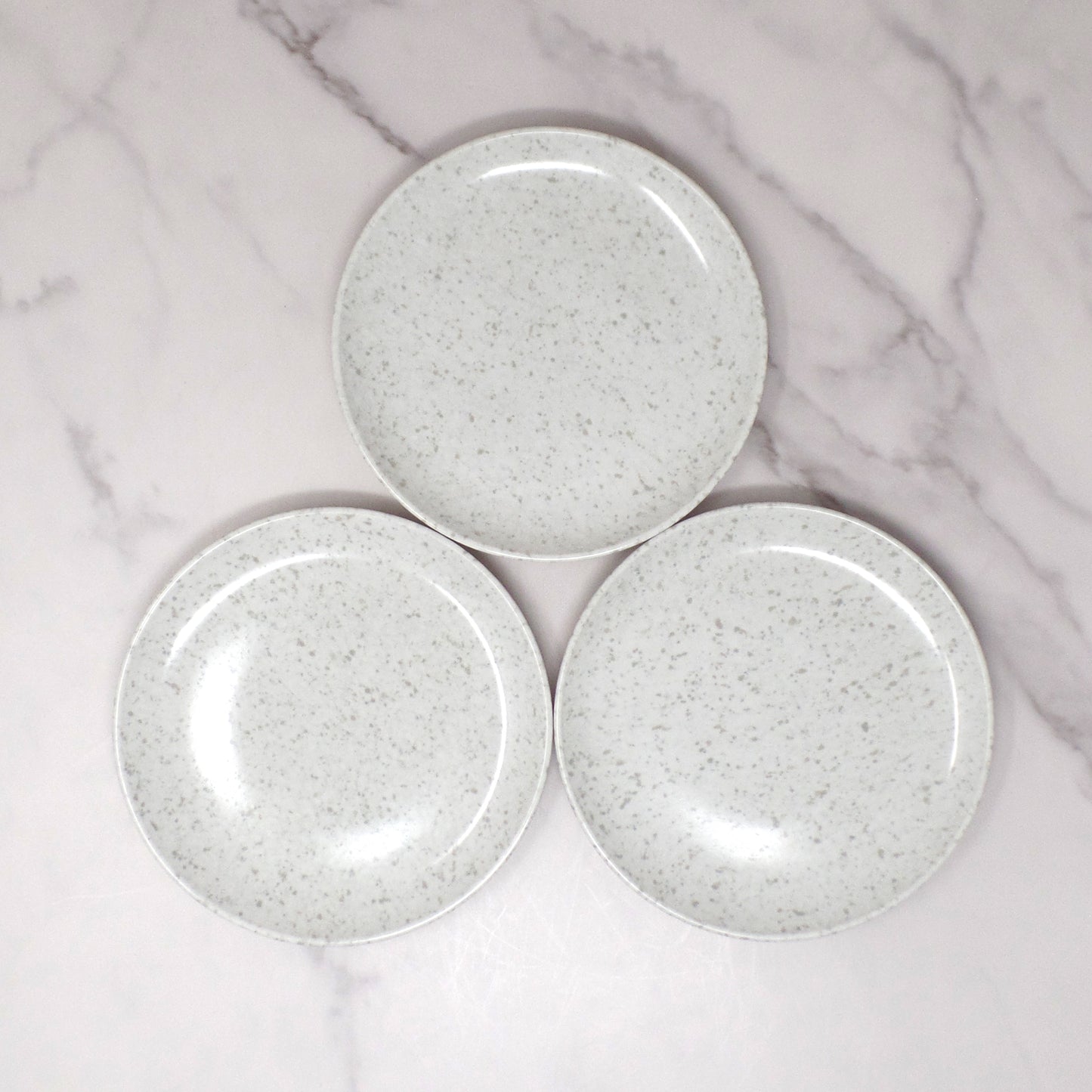 Vintage Joan Luntz Gaiety Melmac 6” Plates, Speckled White & Gray - set of 3 (1950s)
