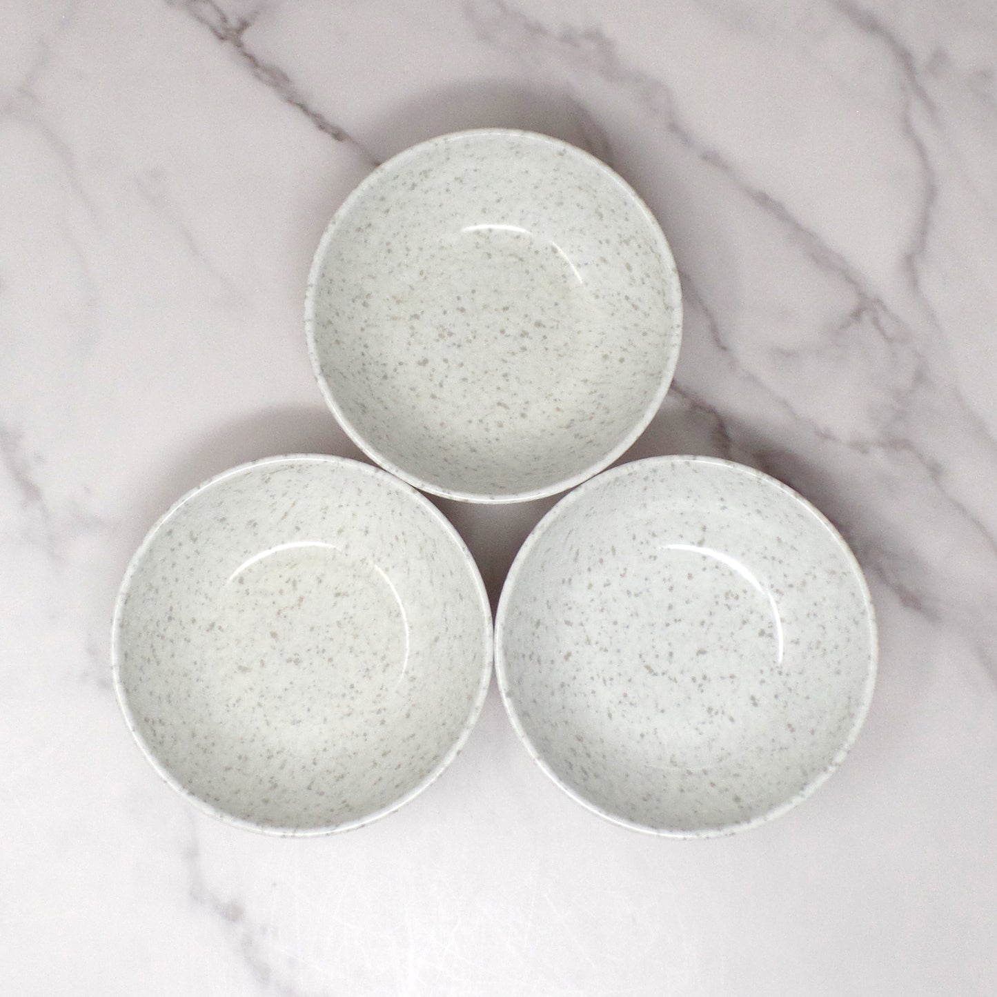 Vintage Joan Luntz Gaiety Melmac / Melamine 4-3/4” Bowl, Speckled Gray and White - set of 3 (1950s)