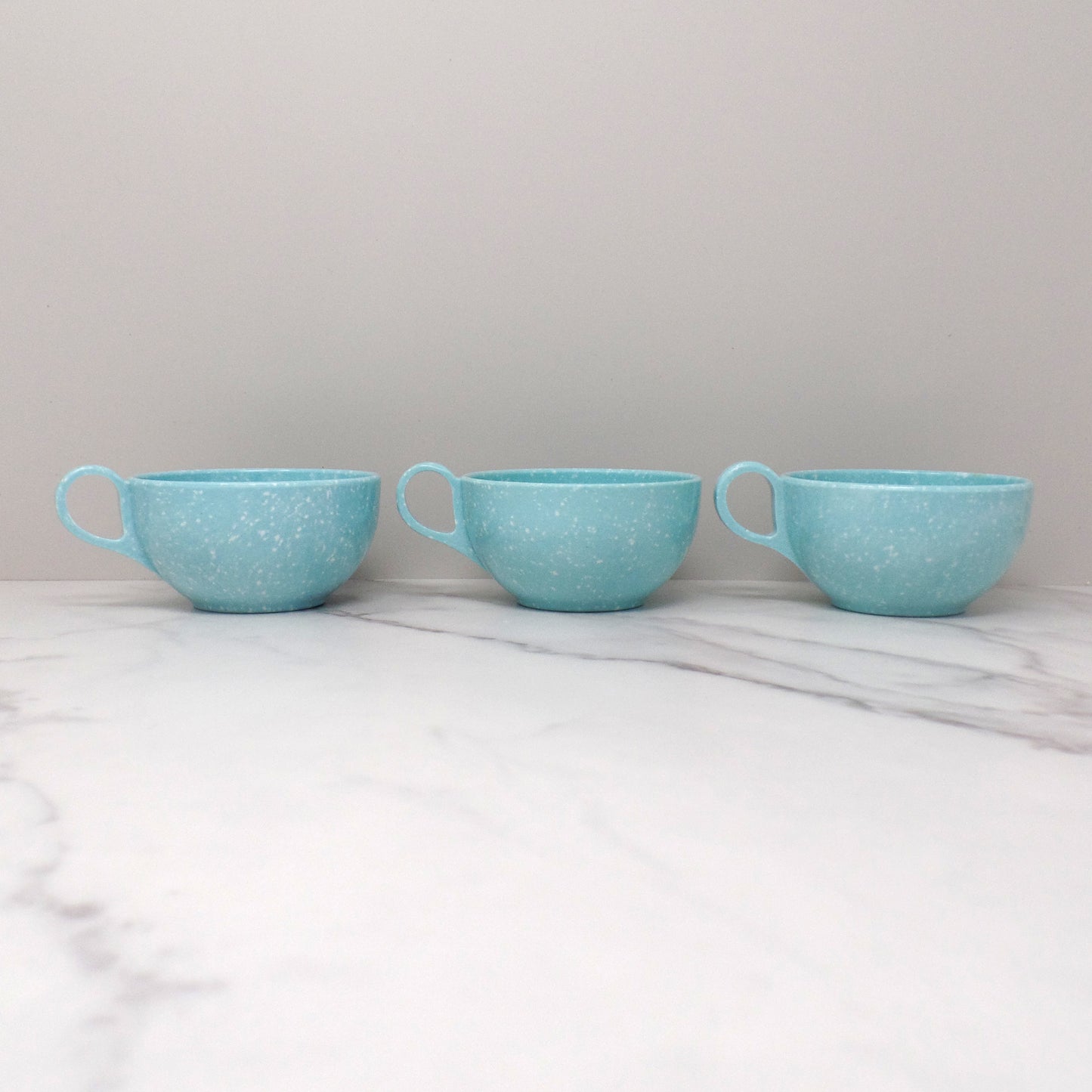 Vintage Joan Luntz Gaiety Melmac / Melamine Coffee or Tea Cup, Speckled Turquoise - set of 3 (1950s)