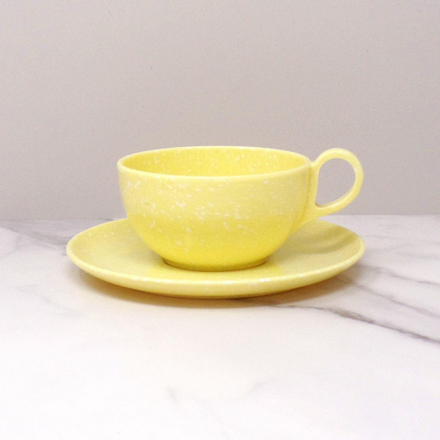 Vintage Joan Luntz Gaiety Melmac / Melamine Cup and Saucer, Speckled Yellow 1950s