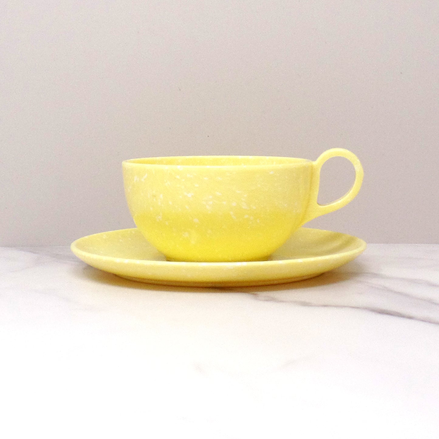 Vintage Joan Luntz Gaiety Melmac / Melamine Cup and Saucer, Speckled Yellow 1950s