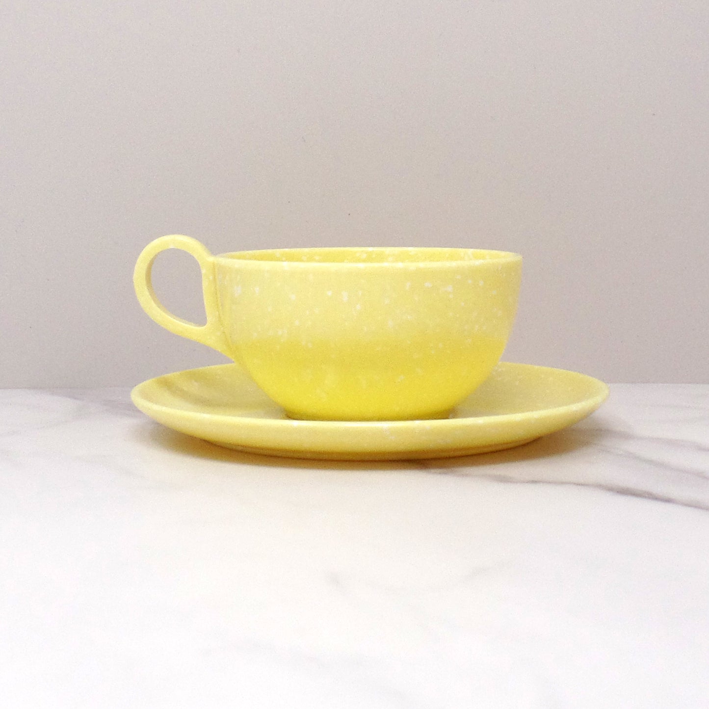 Vintage Joan Luntz Gaiety Melmac / Melamine Cup and Saucer, Speckled Yellow 1950s