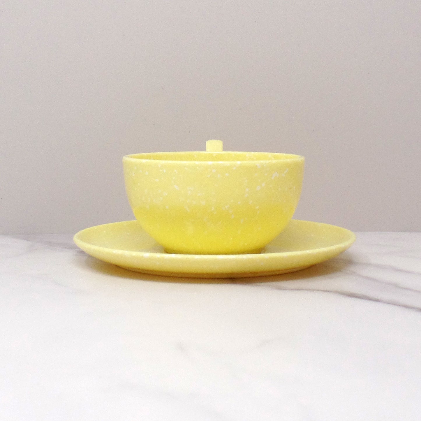 Vintage Joan Luntz Gaiety Melmac / Melamine Cup and Saucer, Speckled Yellow 1950s