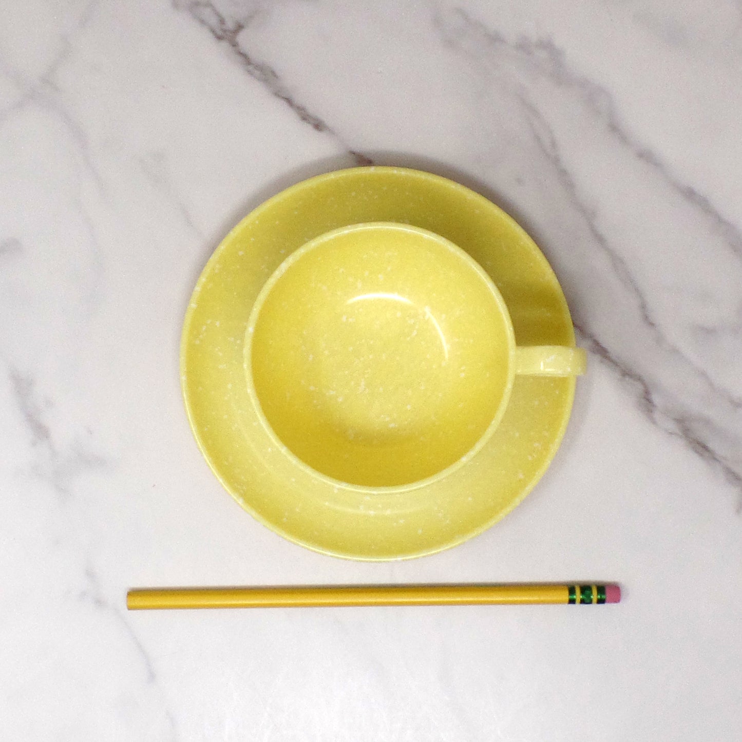Vintage Joan Luntz Gaiety Melmac / Melamine Cup and Saucer, Speckled Yellow 1950s