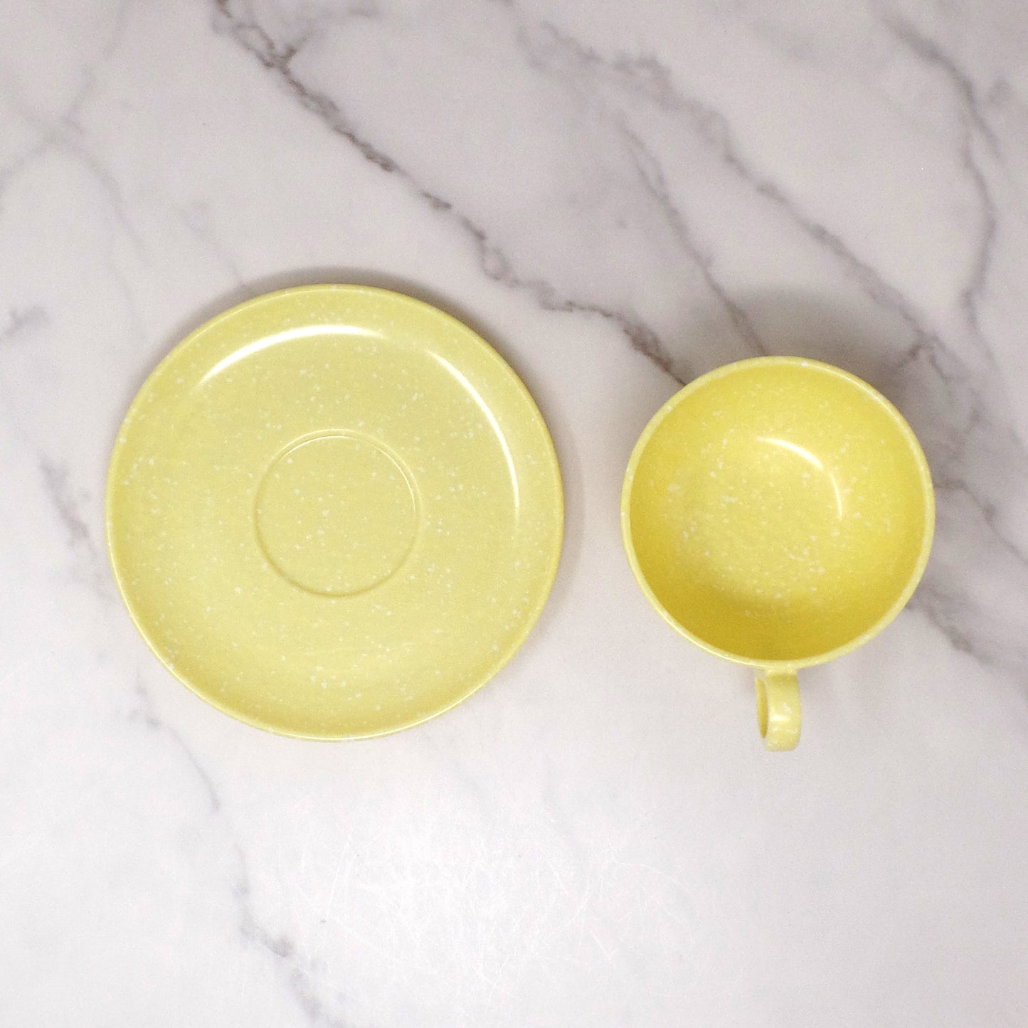 Vintage Joan Luntz Gaiety Melmac / Melamine Cup and Saucer, Speckled Yellow 1950s