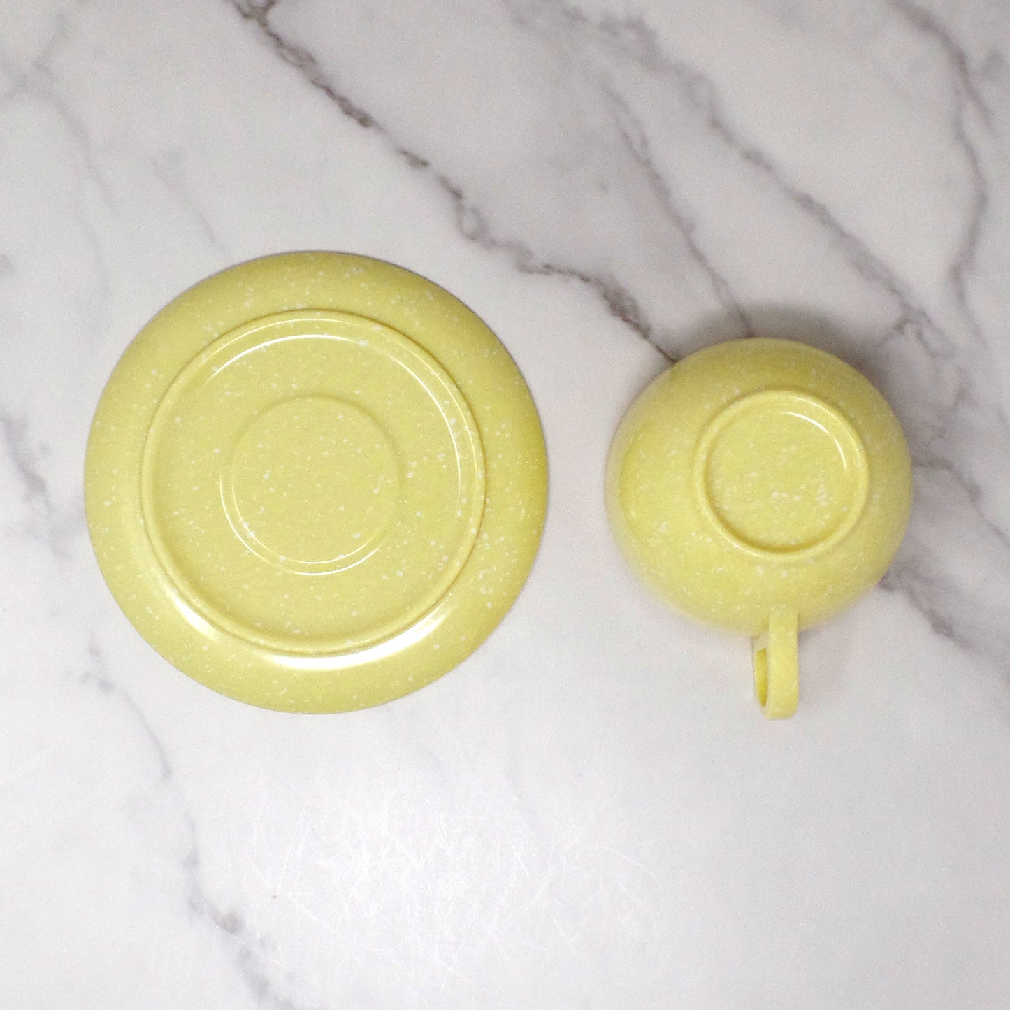 Vintage Joan Luntz Gaiety Melmac / Melamine Cup and Saucer, Speckled Yellow 1950s