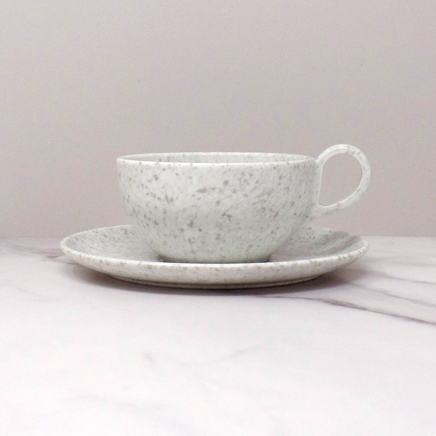 Vintage Joan Luntz Gaiety Melmac / Melamine Cup and Saucer, Speckled White & Gray (1950s)