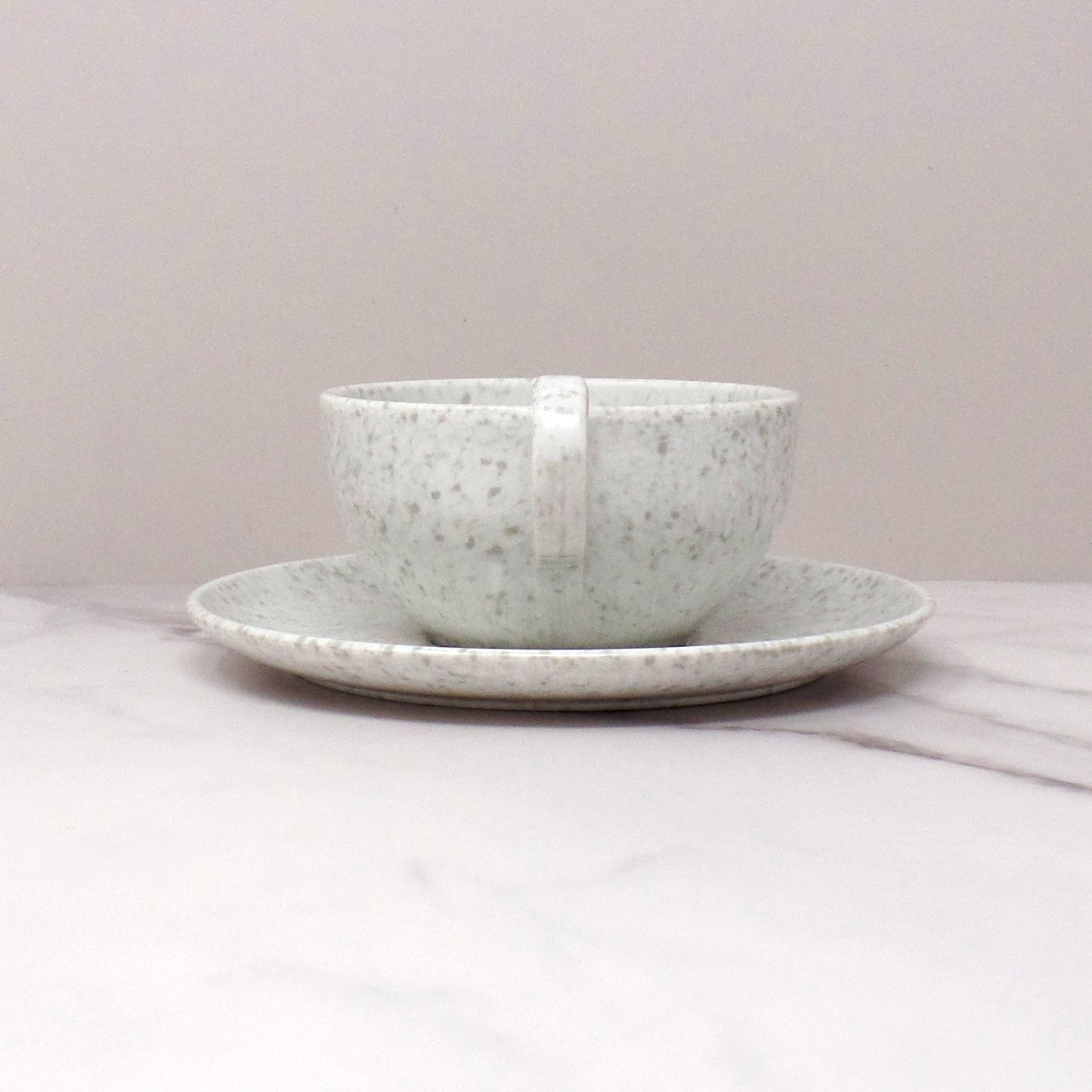 Vintage Joan Luntz Gaiety Melmac / Melamine Cup and Saucer, Speckled White & Gray (1950s)