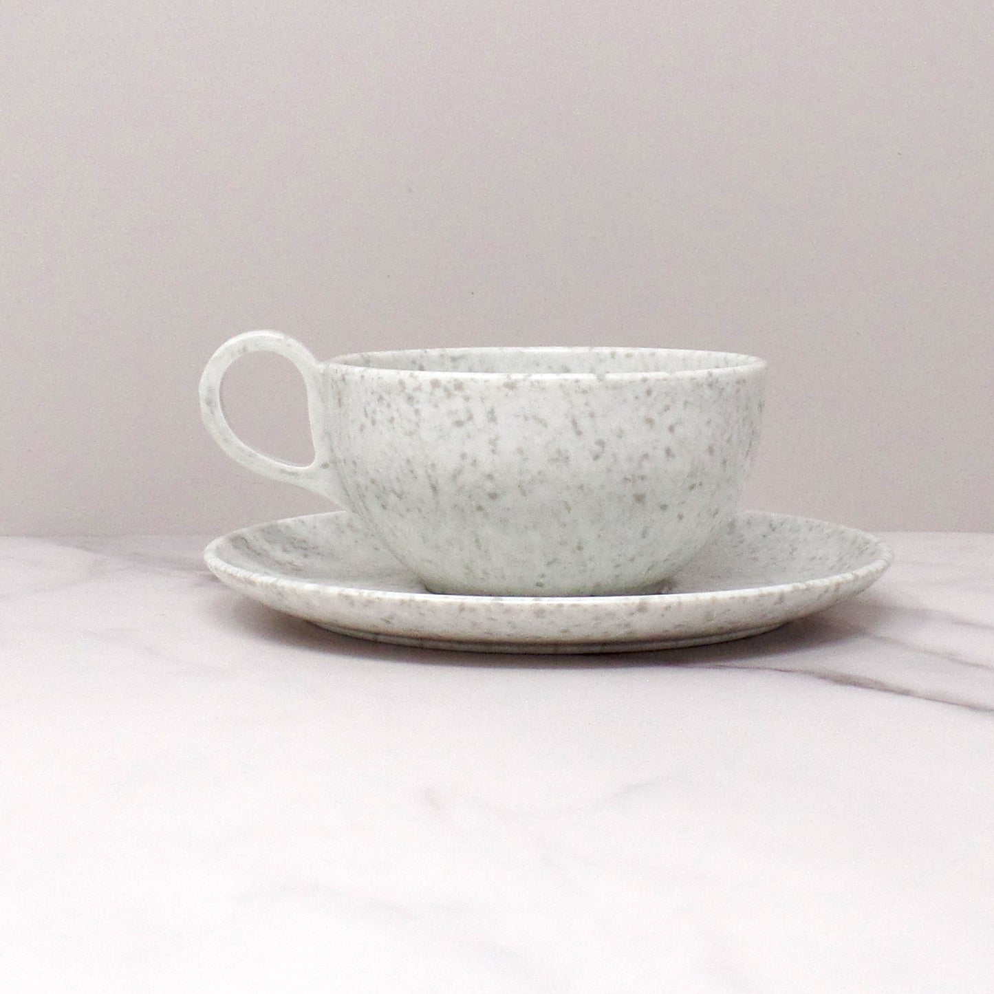 Vintage Joan Luntz Gaiety Melmac / Melamine Cup and Saucer, Speckled White & Gray (1950s)