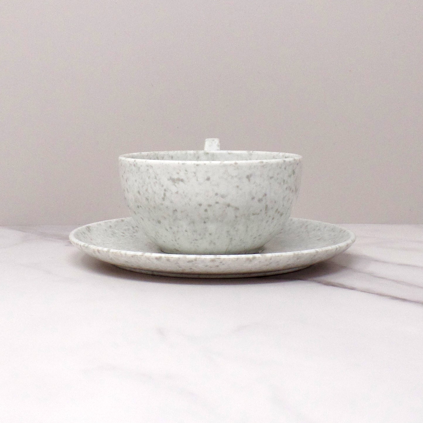 Vintage Joan Luntz Gaiety Melmac / Melamine Cup and Saucer, Speckled White & Gray (1950s)