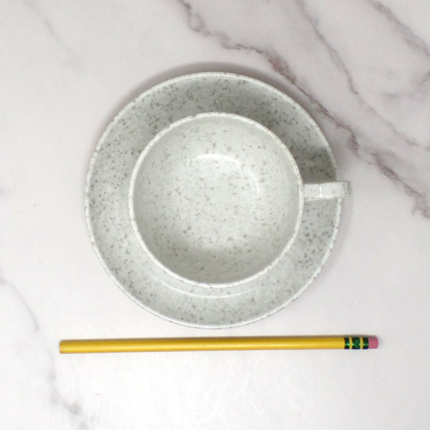 Vintage Joan Luntz Gaiety Melmac / Melamine Cup and Saucer, Speckled White & Gray (1950s)