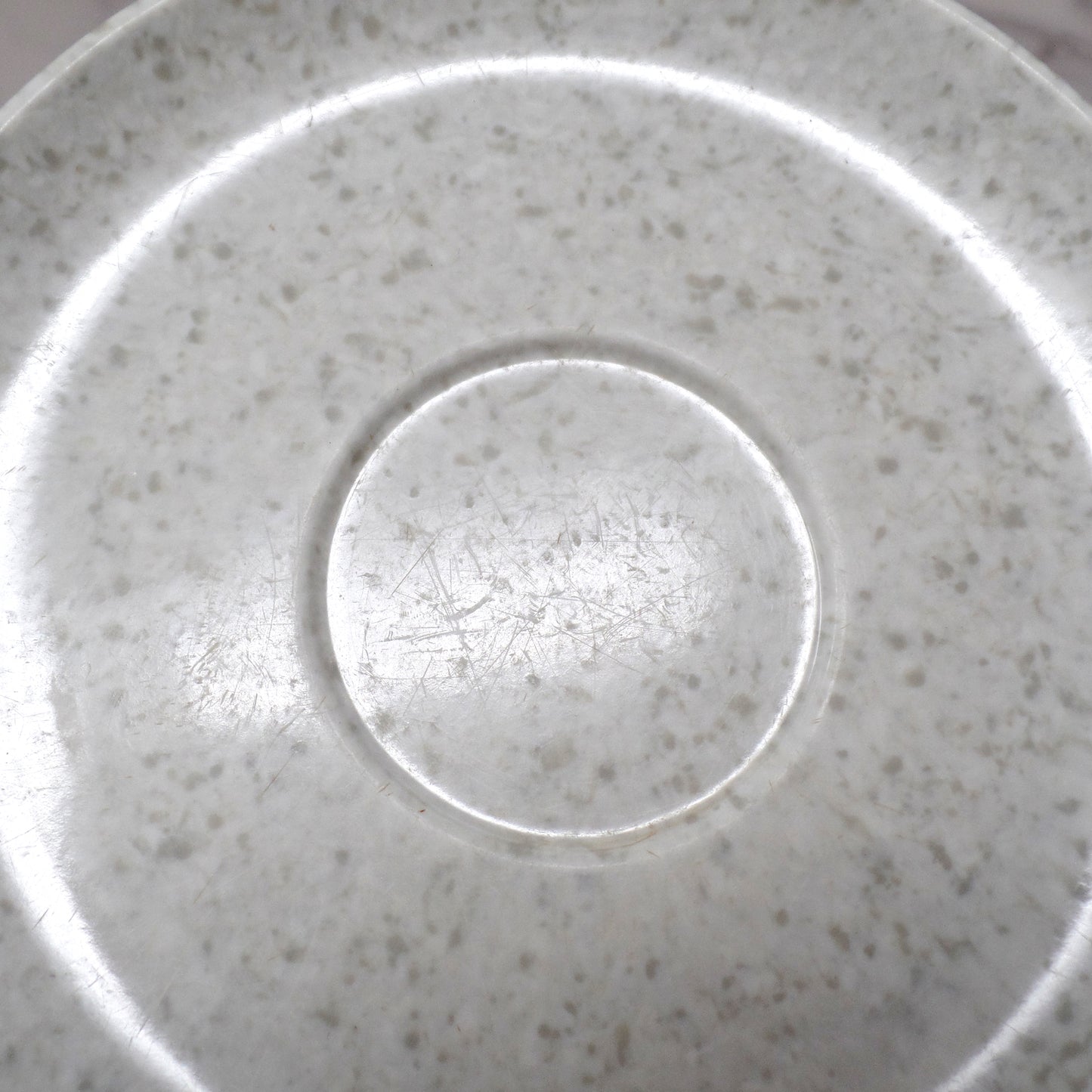 Vintage Joan Luntz Gaiety Melmac / Melamine Cup and Saucer, Speckled White & Gray (1950s)