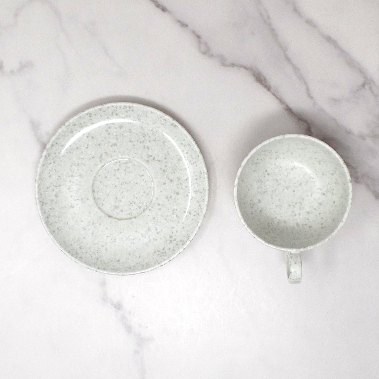 Vintage Joan Luntz Gaiety Melmac / Melamine Cup and Saucer, Speckled White & Gray (1950s)