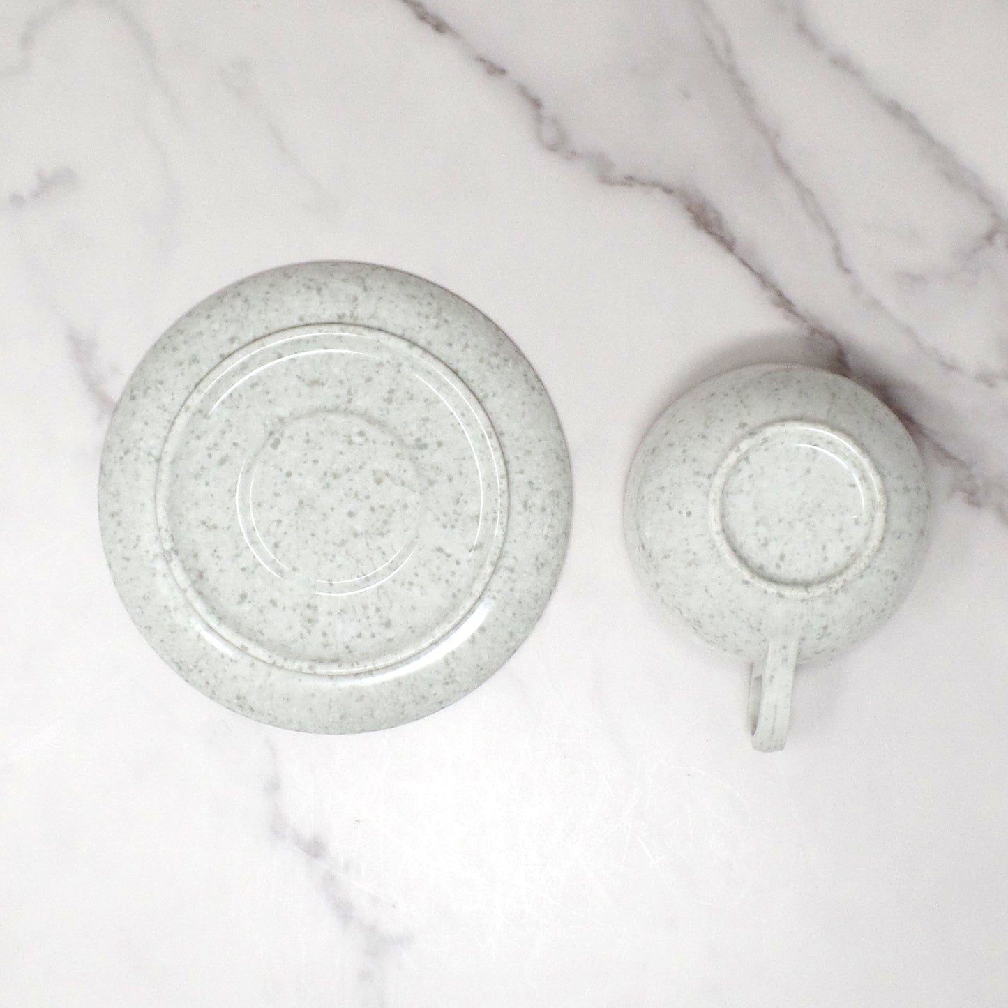 Vintage Joan Luntz Gaiety Melmac / Melamine Cup and Saucer, Speckled White & Gray (1950s)