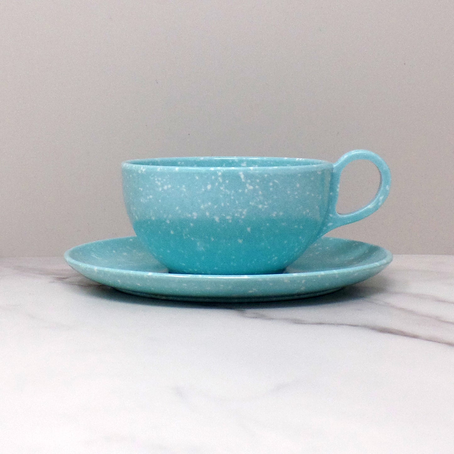 Vintage Joan Luntz Gaiety Melmac / Melamine Cup and Saucer, Speckled Turquoise (1950s)