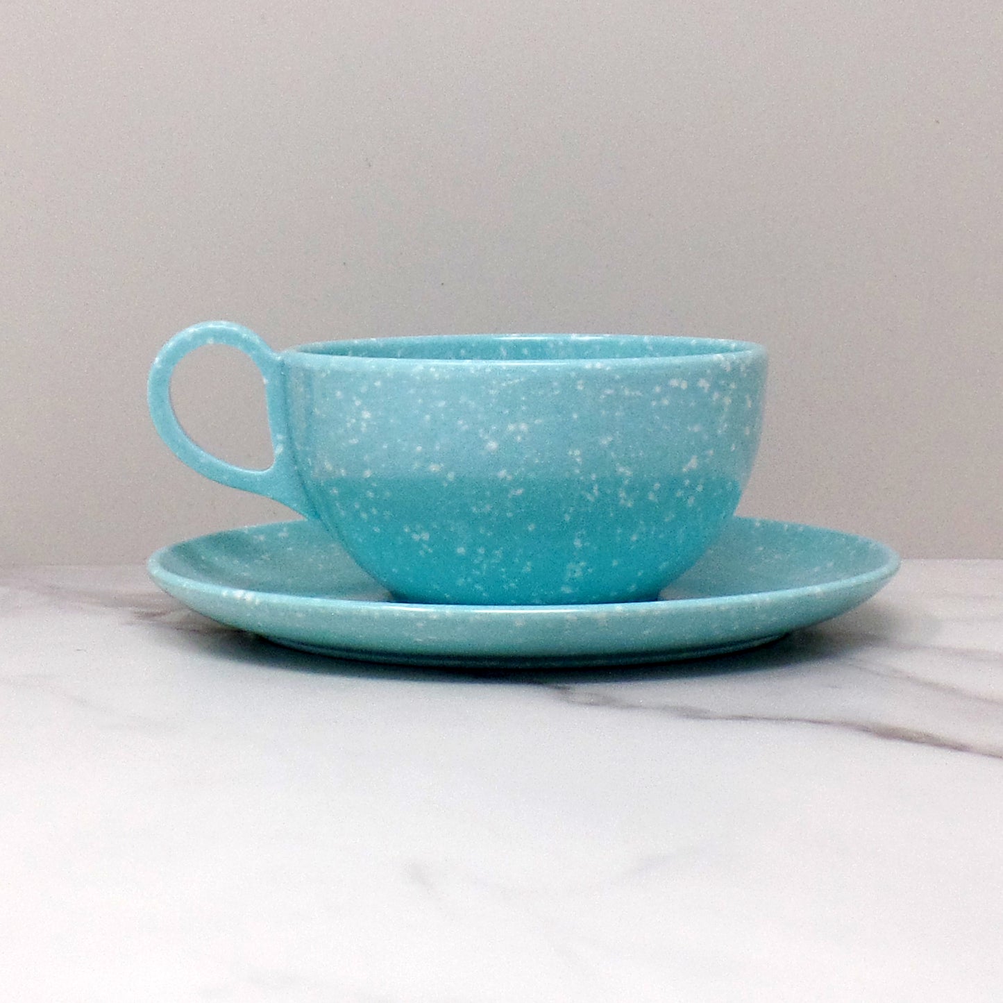 Vintage Joan Luntz Gaiety Melmac / Melamine Cup and Saucer, Speckled Turquoise (1950s)