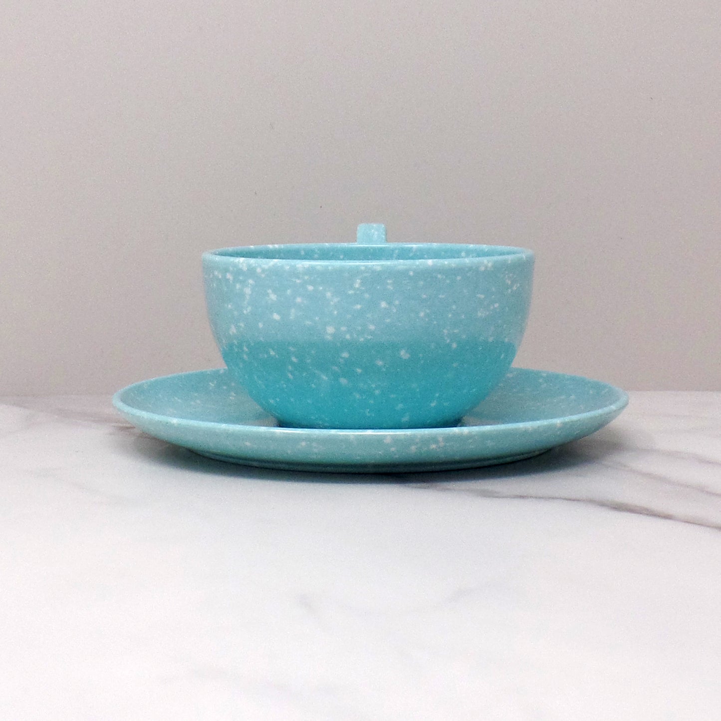 Vintage Joan Luntz Gaiety Melmac / Melamine Cup and Saucer, Speckled Turquoise (1950s)