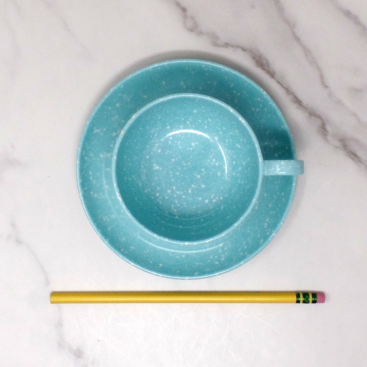 Vintage Joan Luntz Gaiety Melmac / Melamine Cup and Saucer, Speckled Turquoise (1950s)