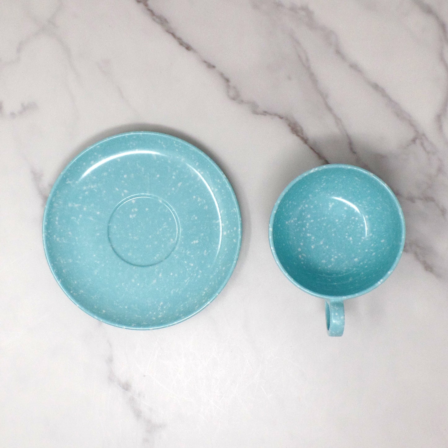 Vintage Joan Luntz Gaiety Melmac / Melamine Cup and Saucer, Speckled Turquoise (1950s)