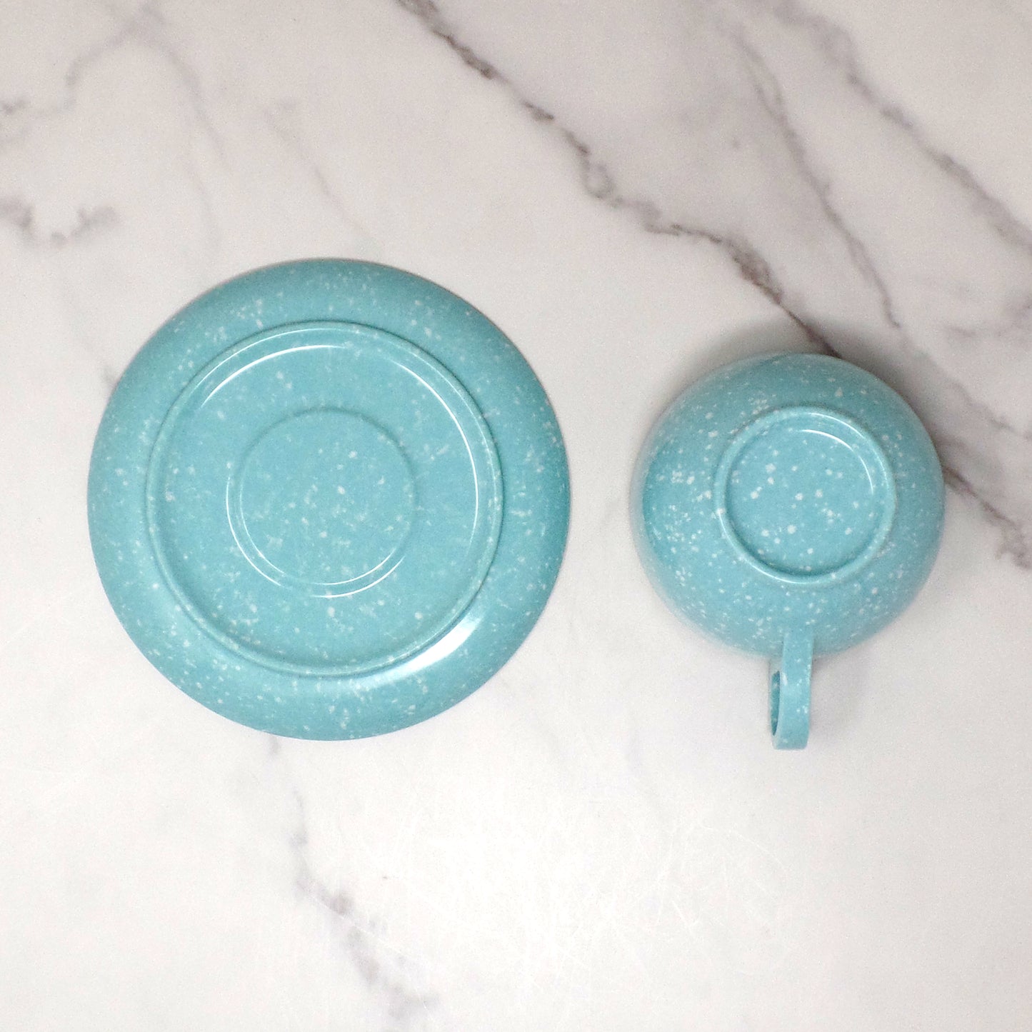 Vintage Joan Luntz Gaiety Melmac / Melamine Cup and Saucer, Speckled Turquoise (1950s)