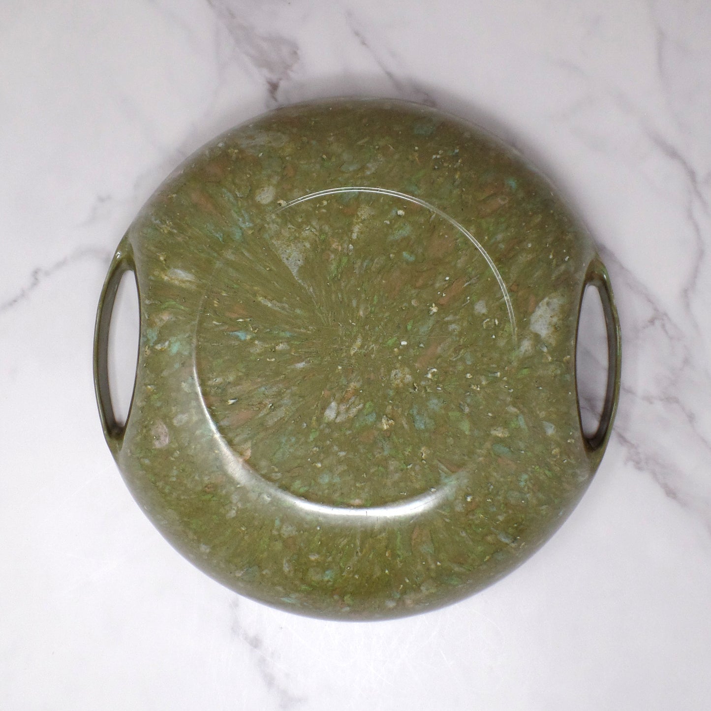 Vintage Aztec Melmac Round Handled Salad Serving Bowl, Olive Green Confetti (1960s)