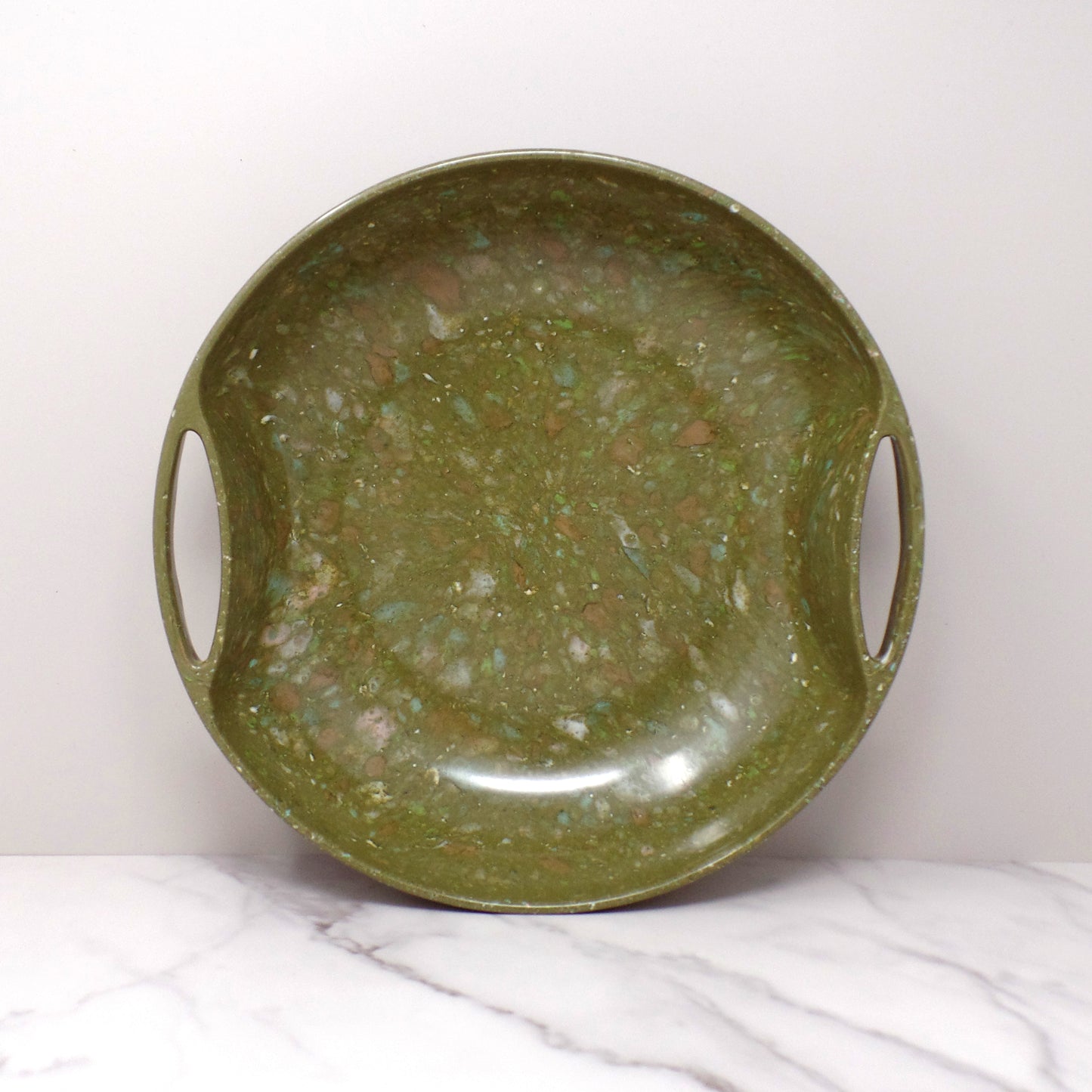 Vintage Aztec Melmac Round Handled Salad Serving Bowl, Olive Green Confetti (1960s)