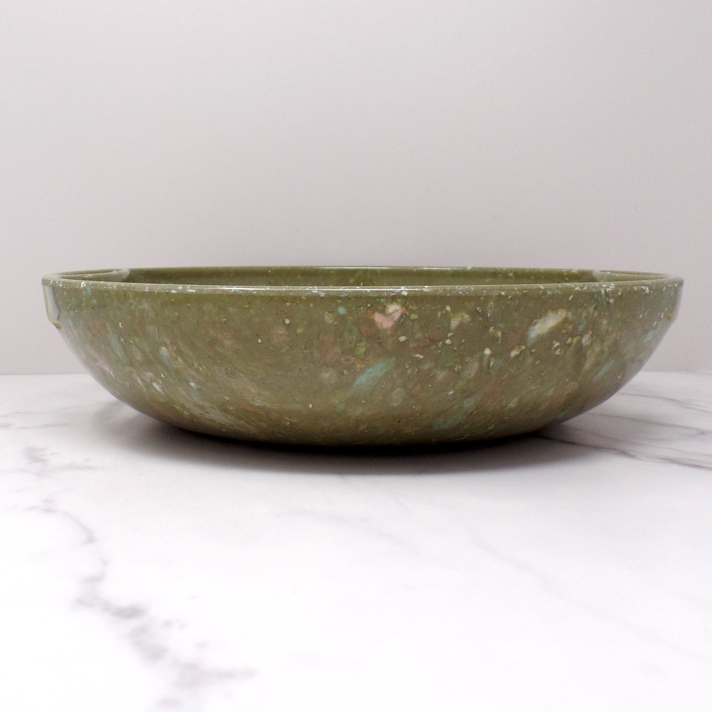 Vintage Aztec Melmac Round Handled Salad Serving Bowl, Olive Green Confetti (1960s)