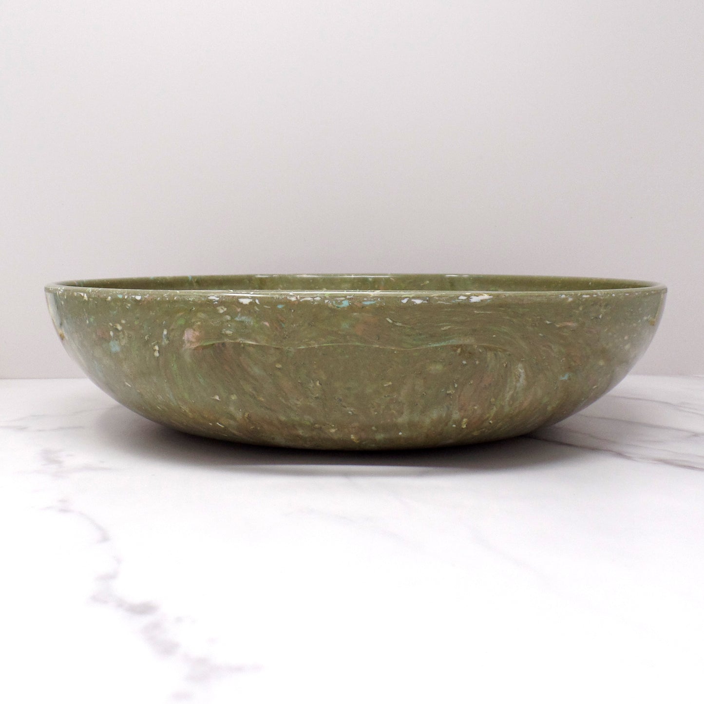 Vintage Aztec Melmac Round Handled Salad Serving Bowl, Olive Green Confetti (1960s)