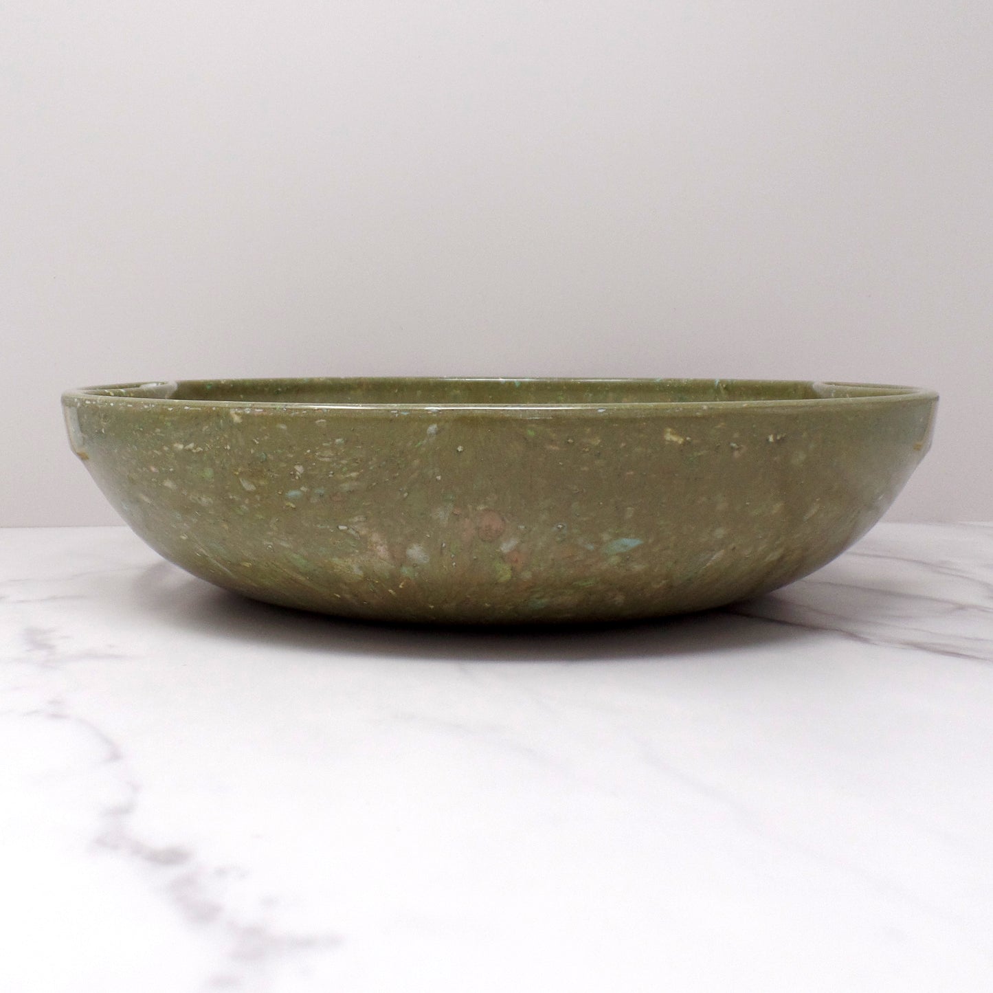 Vintage Aztec Melmac Round Handled Salad Serving Bowl, Olive Green Confetti (1960s)