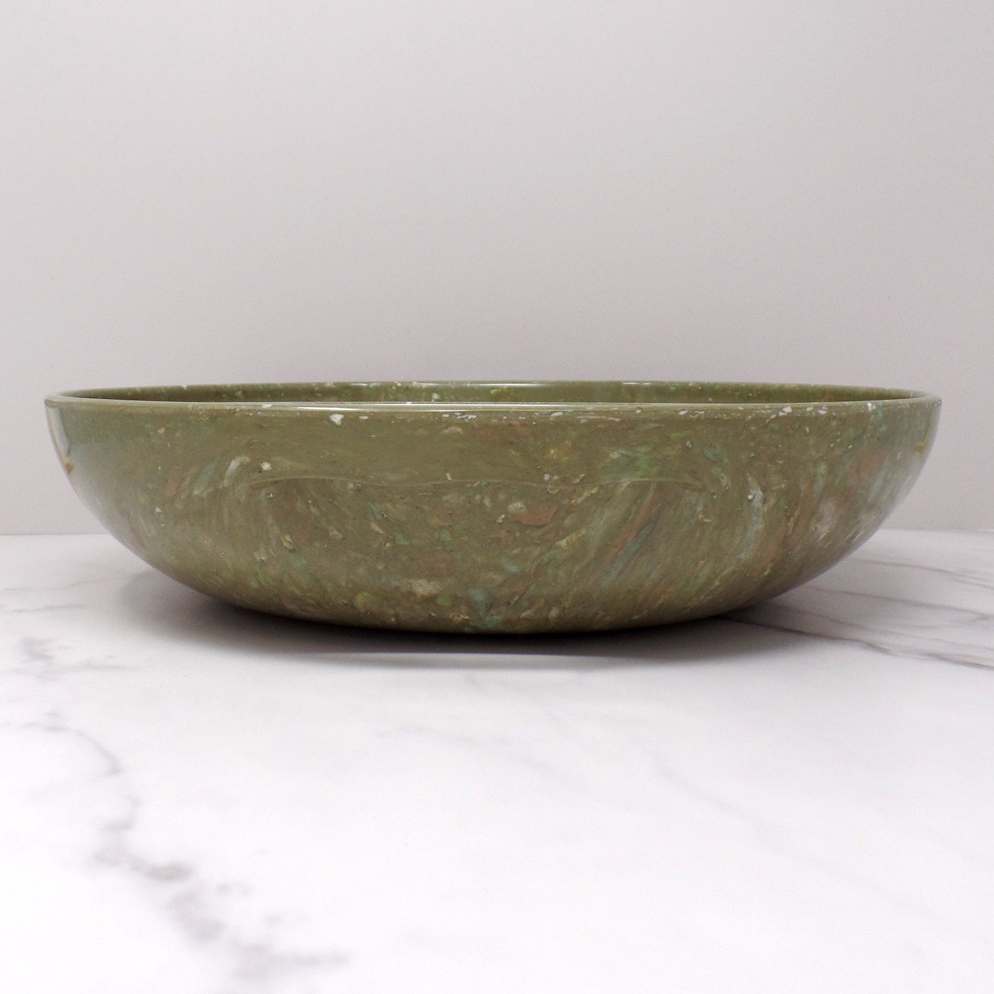 Vintage Aztec Melmac Round Handled Salad Serving Bowl, Olive Green Confetti (1960s)
