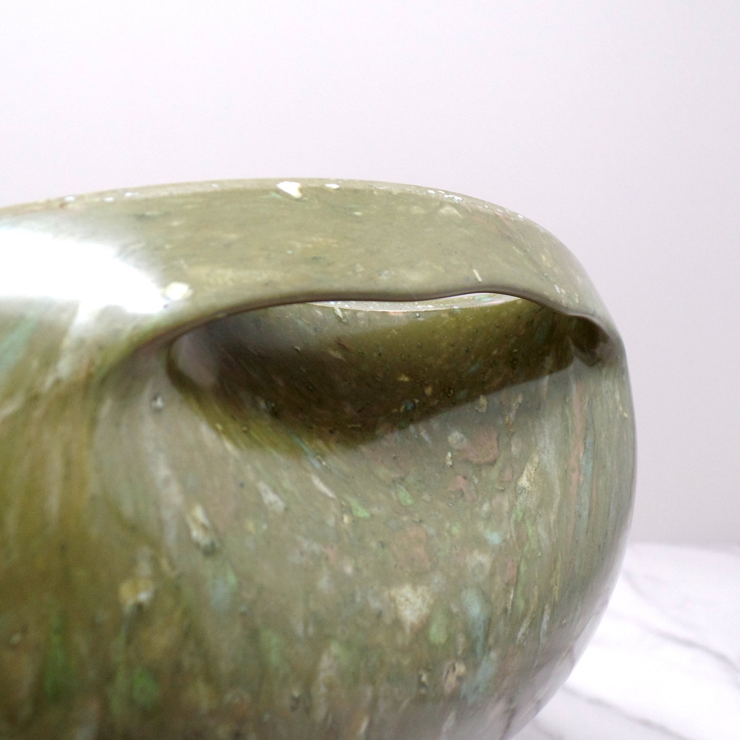 Vintage Aztec Melmac Round Handled Salad Serving Bowl, Olive Green Confetti (1960s)