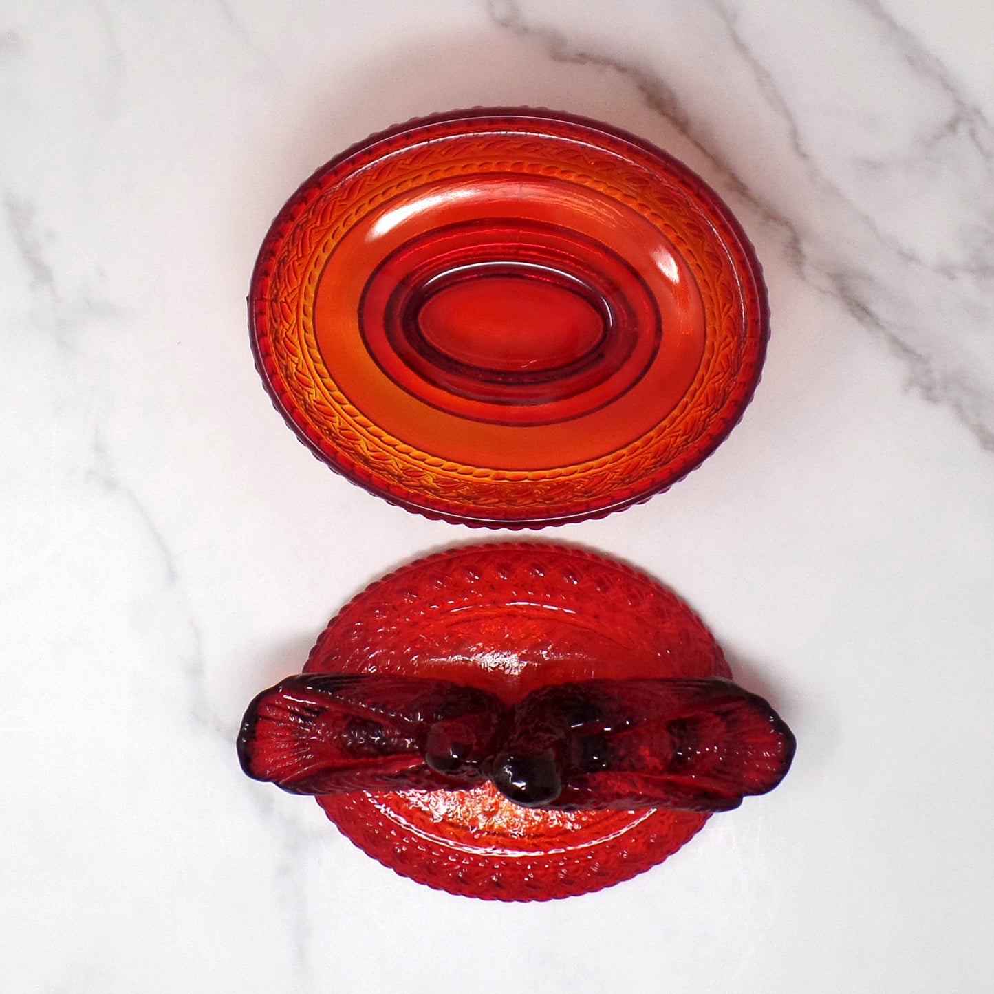 Vintage Viking Ruby Red Glass Lovebirds on Nest Candy Dish (1960s)