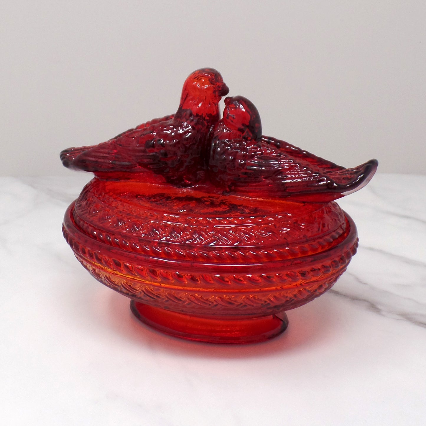 Vintage Viking Ruby Red Glass Lovebirds on Nest Candy Dish (1960s)