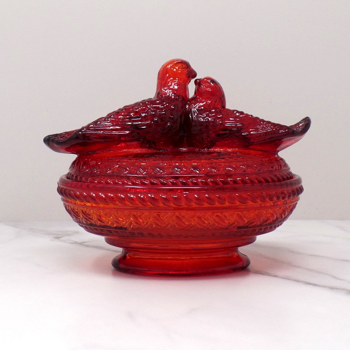 Vintage Viking Ruby Red Glass Lovebirds on Nest Candy Dish (1960s)